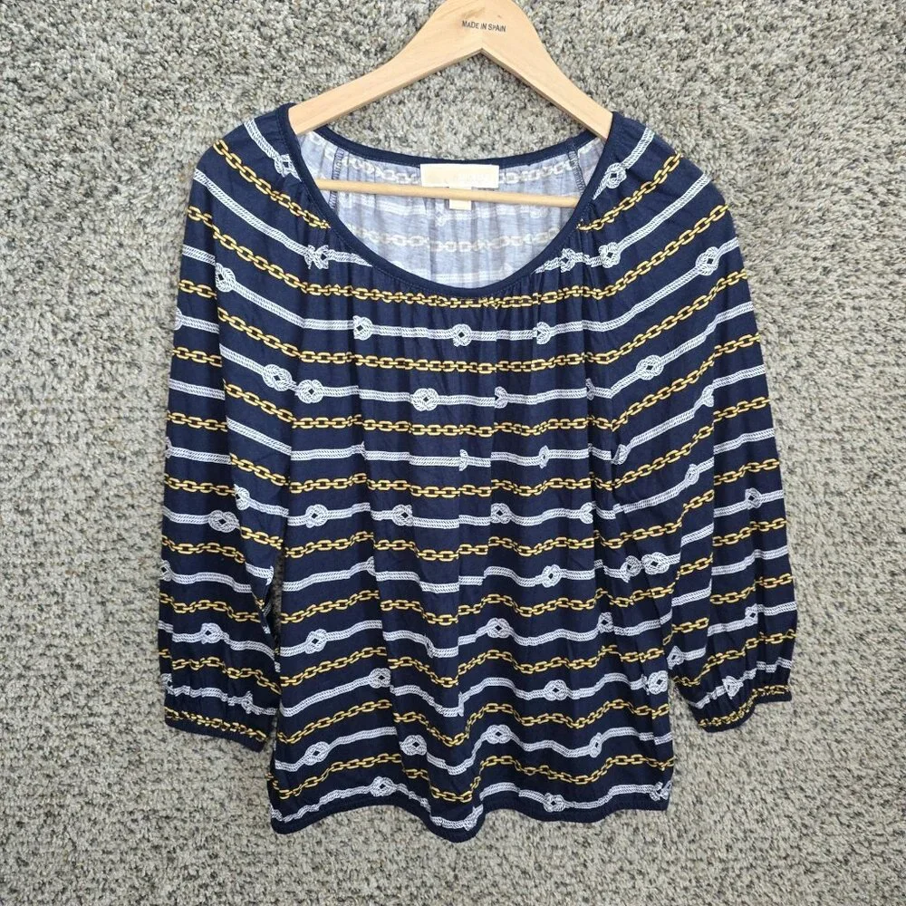 Michael Kors Top Womens Small Blue Chain Print Scoop Neck Peasant Blouse Ladies